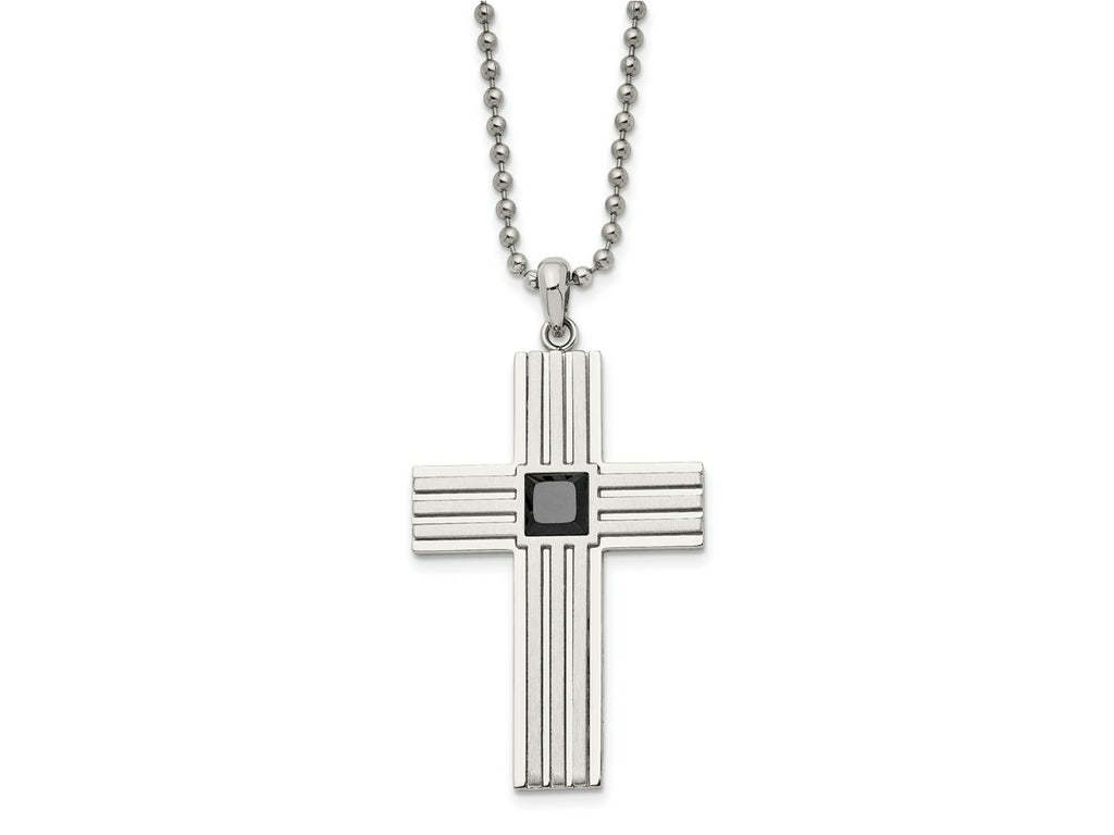 FJC Finejewelers Stainless Steel Ball Brushed and with Black CZ Cross 24in Necklace 24 Inches x 32 mm