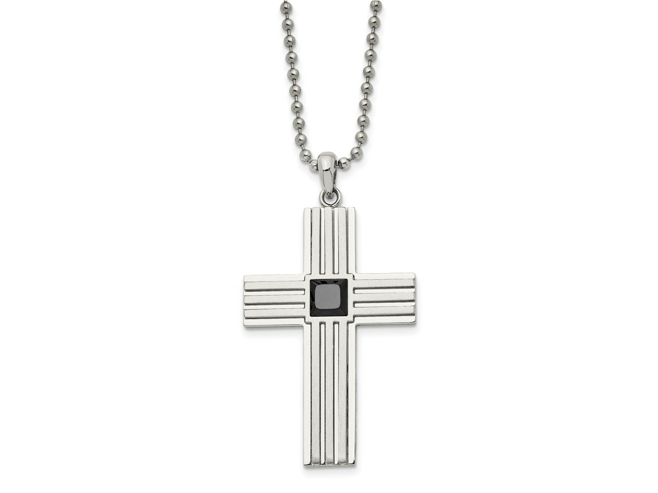 FJC Finejewelers Stainless Steel Ball Brushed and with Black CZ Cross 24in Necklace 24 Inches x 32 mm