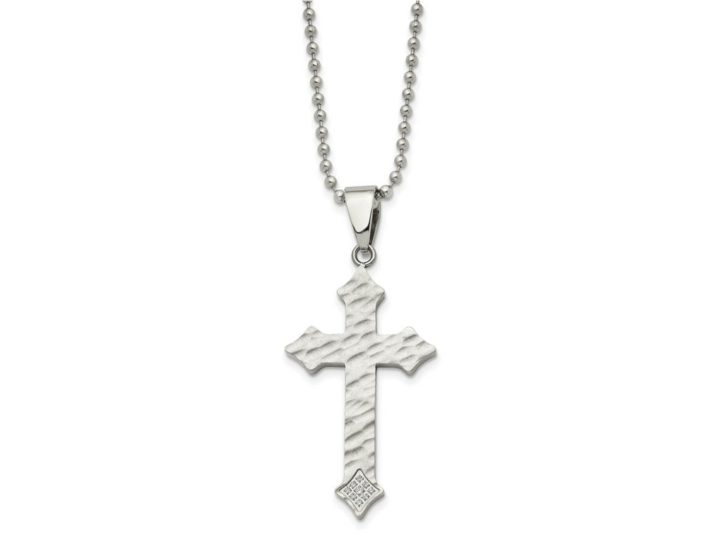 FJC Finejewelers Stainless Steel Ball and Satin Hammered with CZ Cross Necklace 22 Inches x 26 mm