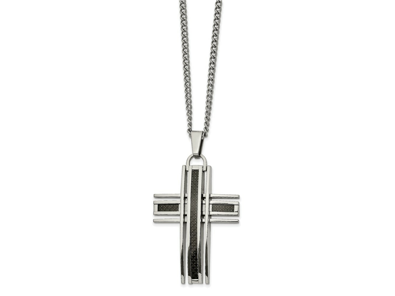 FJC Finejewelers Stainless Steel Spiga with Black Carbon Fiber Inlay Cross Necklace 24 Inches x 35
