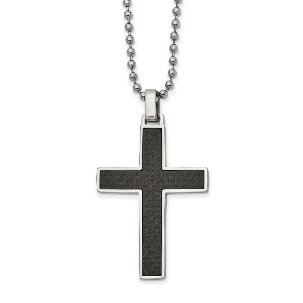 FJC Finejewelers Stainless Steel Ball with Carbon Fiber and Wood Inlay Reversible Cross Necklace 22 Inches x 29.94 mm