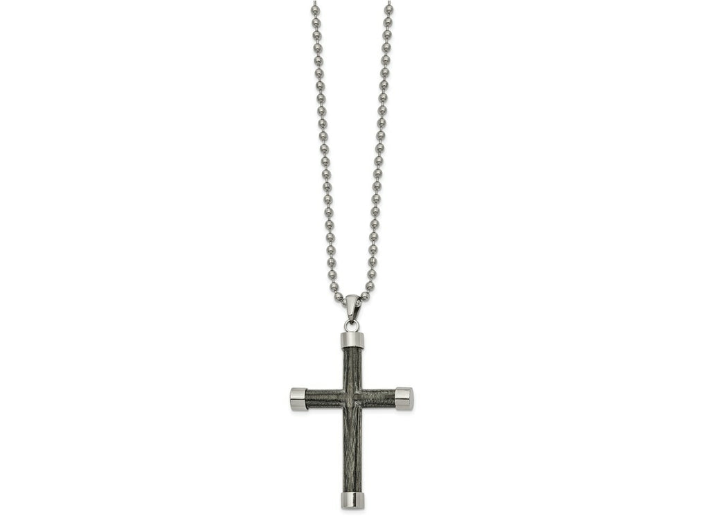 FJC Finejewelers Stainless Steel Ball with Gray Wood Inlay Cross 24in Necklace 24 Inches x 31 mm