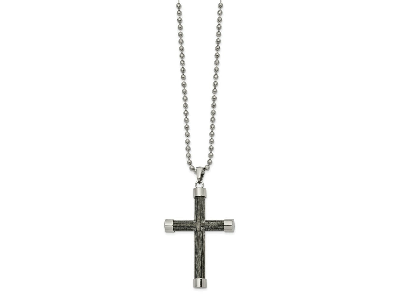 FJC Finejewelers Stainless Steel Ball with Gray Wood Inlay Cross 24in Necklace 24 Inches x 31 mm