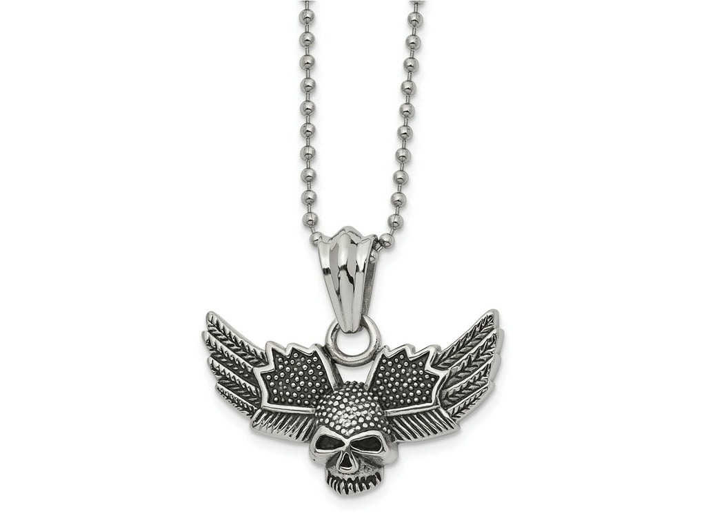 FJC Finejewelers Stainless Steel Antiqued and Polished Skull with Wings Necklace 22 Inches x 44 mm