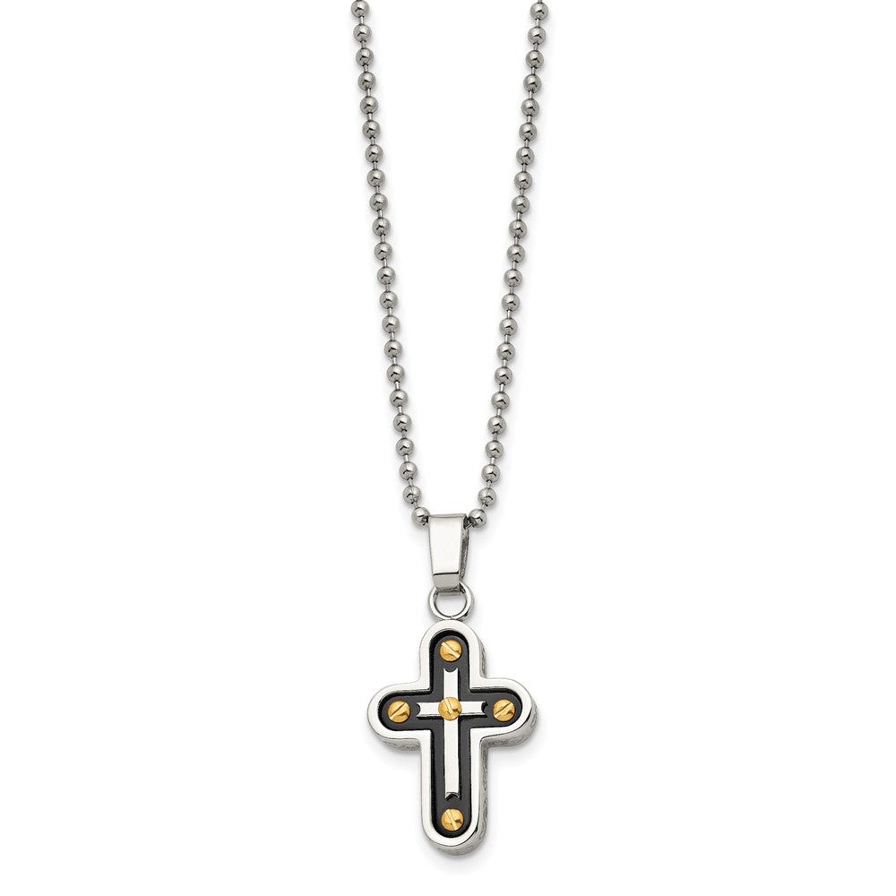 FJC Finejewelers Stainless Steel Ball Black and Yellow IP-plated Cross 22in Necklace 22 Inches x 16 mm