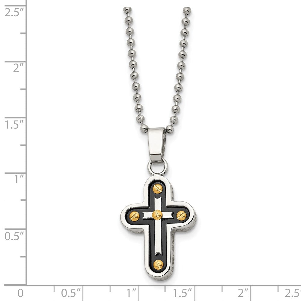 FJC Finejewelers Stainless Steel Ball Black and Yellow IP-plated Cross 22in Necklace 22 Inches x 16 mm