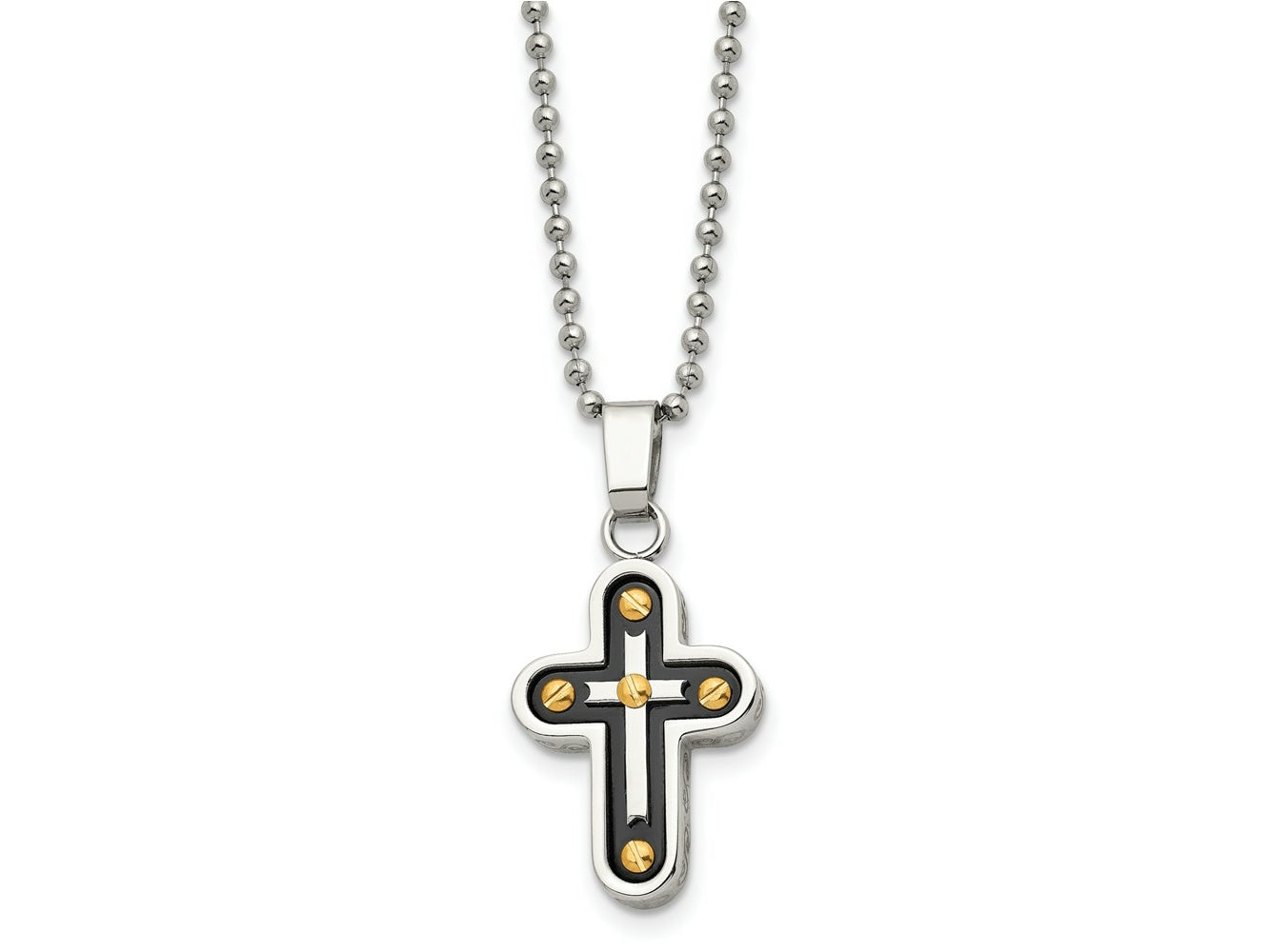 FJC Finejewelers Stainless Steel Ball Black and Yellow IP-plated Cross 22in Necklace 22 Inches x 16 mm