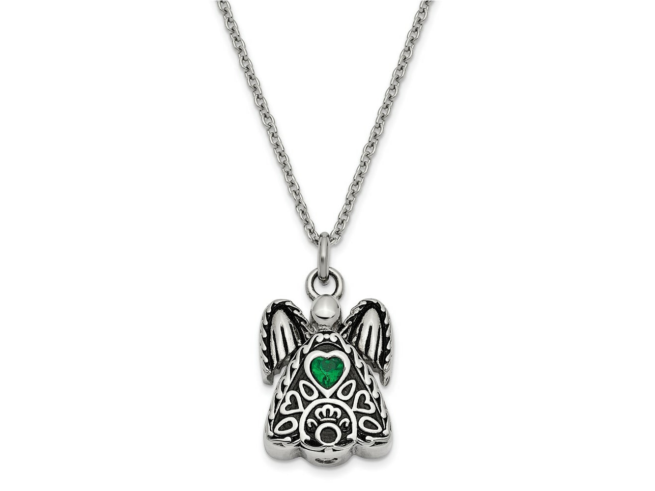 FJC Finejewelers Stainless Steel May CZ Birthstone Antiqued Angel Ash Holder Necklace 18 Inches x 19 mm