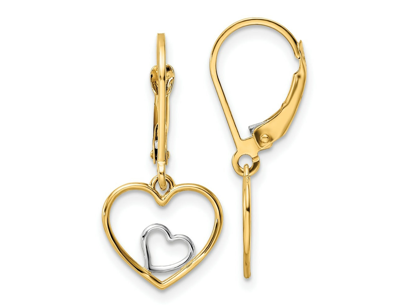 FJC Finejewelers 14 kt Yellow Gold with Rhodium Heart in Heart Leverback Dangle Earrings 25 x 12 mm