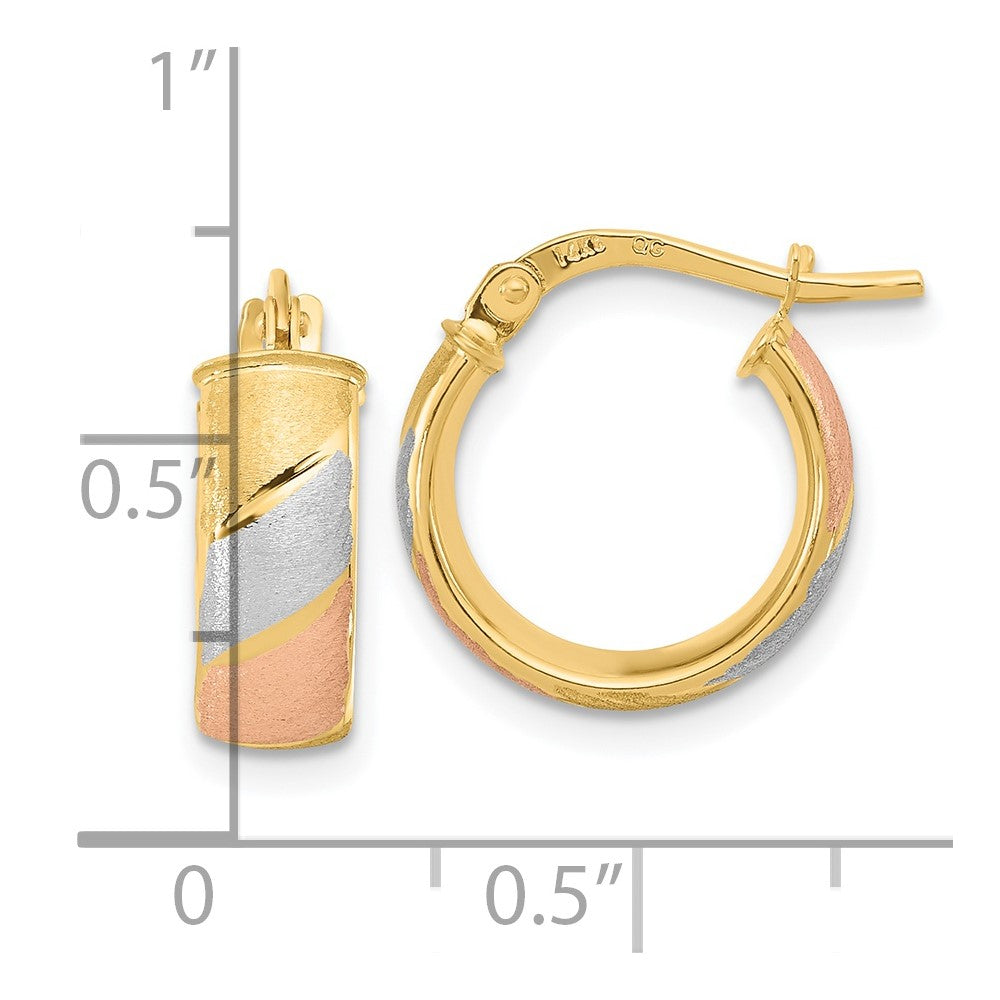 FJC Finejewelers 14 kt Yellow Gold with White and Rose Rhodium Polished Satin Hoop Earrings 15 x 14 mm