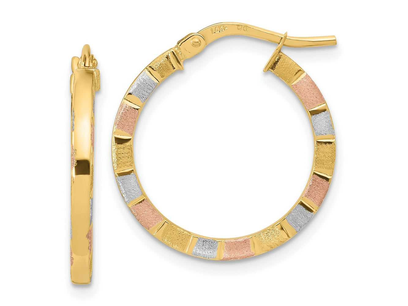 FJC Finejewelers 14 kt Yellow Gold with White and Rose Rhodium Polished and Satin Hoop Earrings 22 x 20 mm