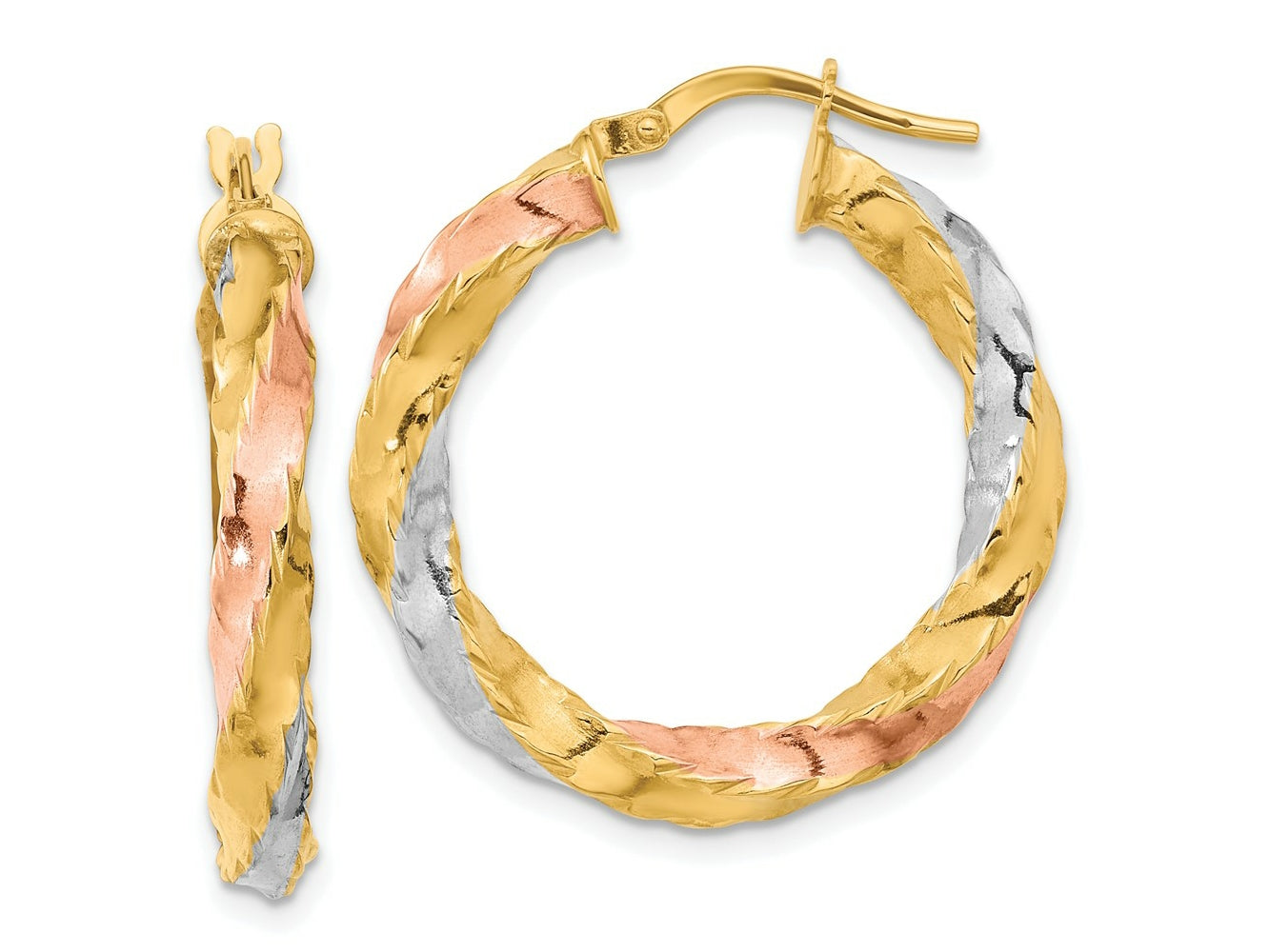 FJC Finejewelers 14 kt Yellow Gold with Rose and White Rhodium Polished Twisted Hoop Earrings 28 x 26 mm