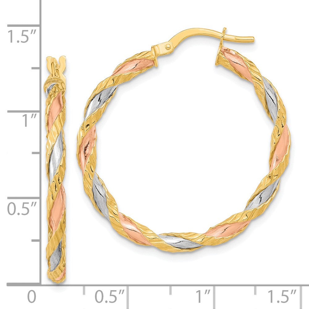 FJC Finejewelers 14 kt Yellow Gold with Rose and White Rhodium Textured Twisted Hoop Earrings 32 x 30 mm