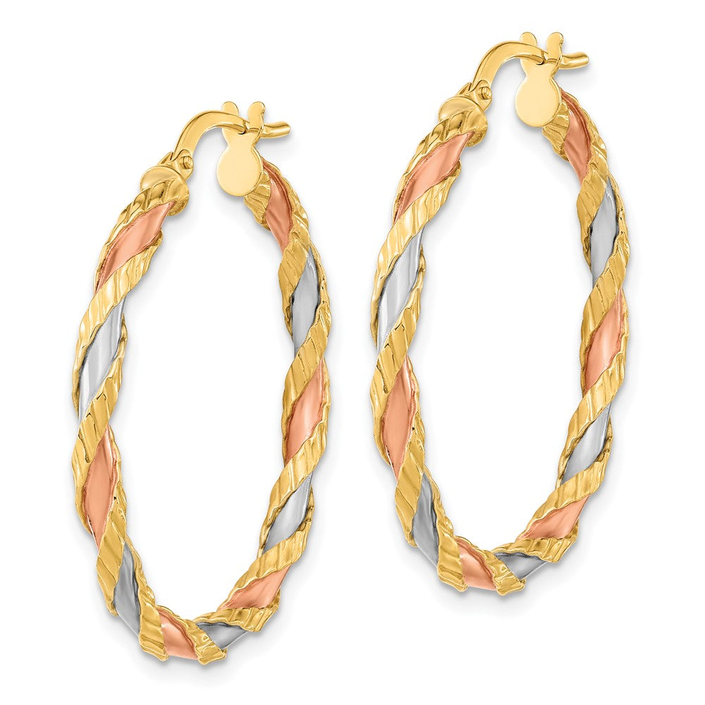 FJC Finejewelers 14 kt Yellow Gold with Rose and White Rhodium Textured Twisted Hoop Earrings 32 x 30 mm