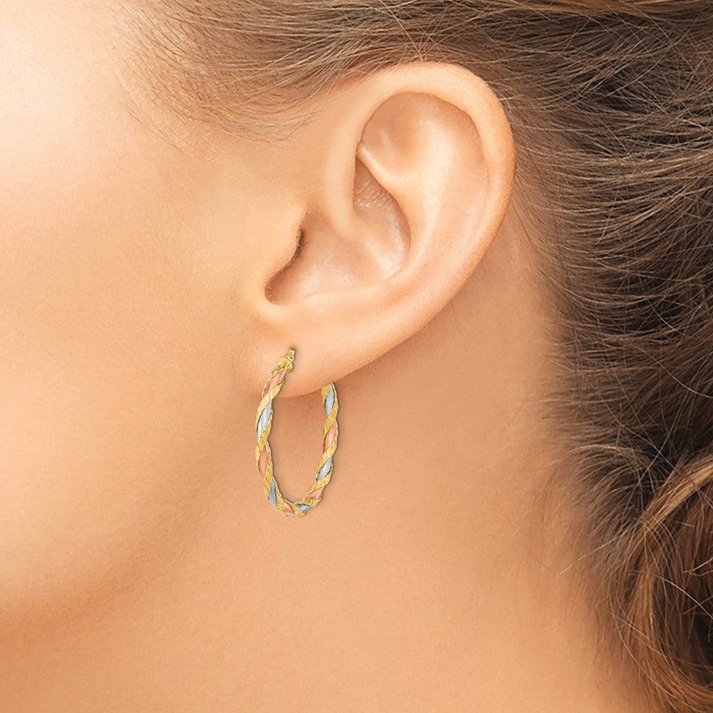 FJC Finejewelers 14 kt Yellow Gold with Rose and White Rhodium Textured Twisted Hoop Earrings 32 x 30 mm