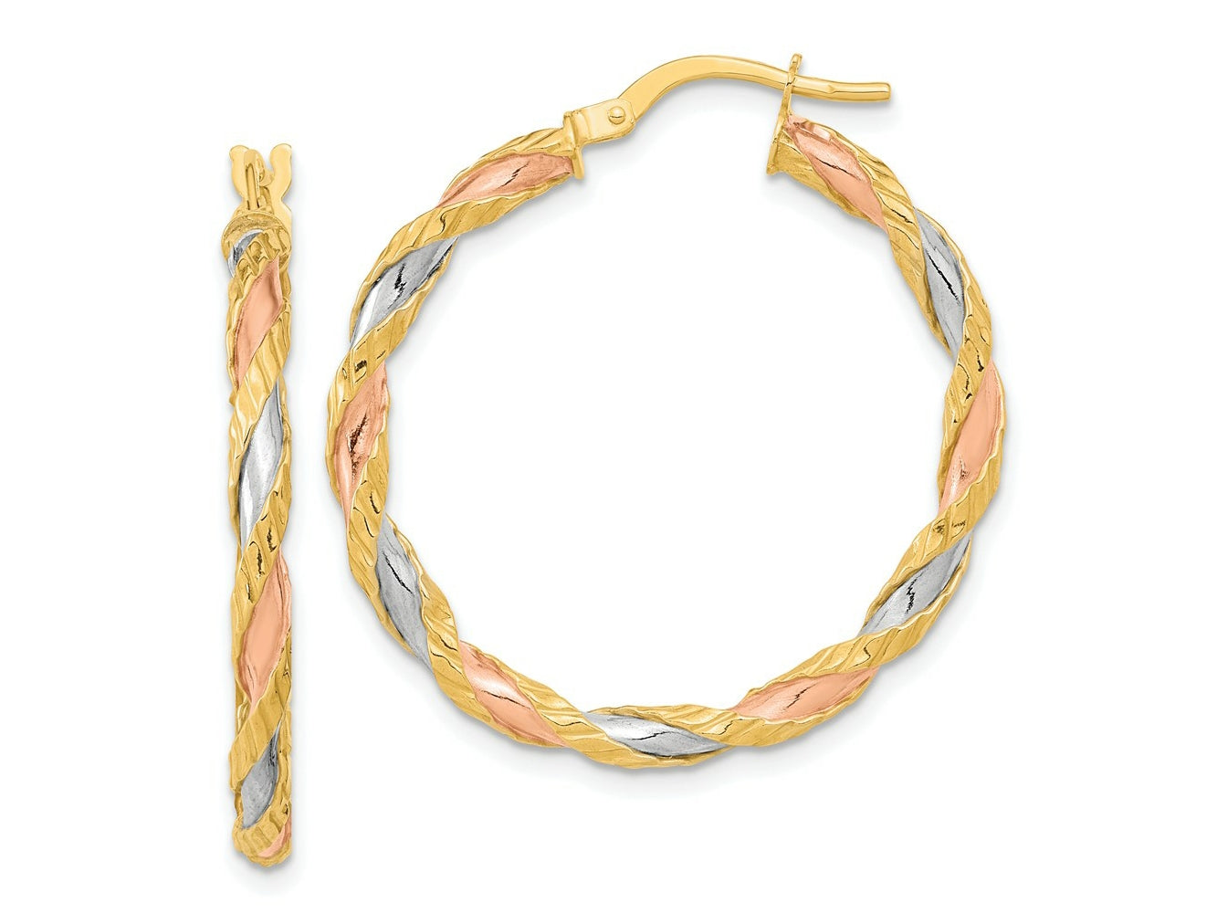 FJC Finejewelers 14 kt Yellow Gold with Rose and White Rhodium Textured Twisted Hoop Earrings 32 x 30 mm