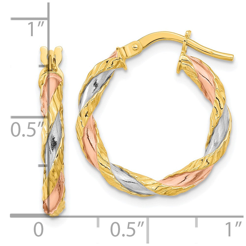 FJC Finejewelers 14 kt Yellow Gold with Rose and White Rhodium Textured Twisted Hoop Earrings 21 x 20 mm
