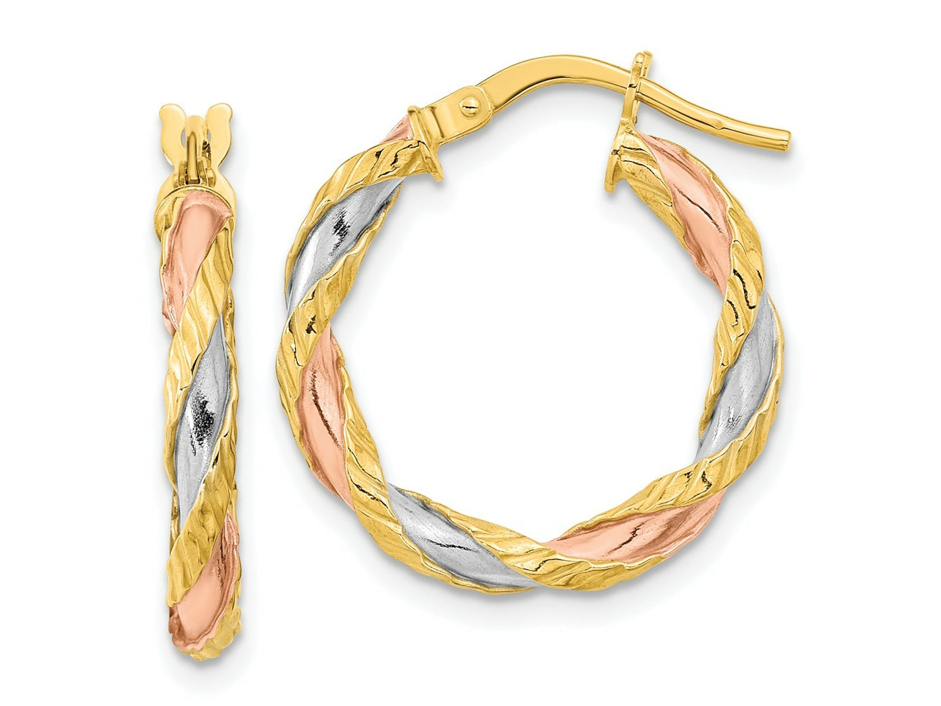FJC Finejewelers 14 kt Yellow Gold with Rose and White Rhodium Textured Twisted Hoop Earrings 21 x 20 mm