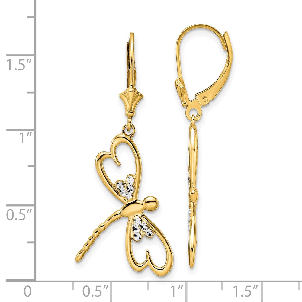 FJC Finejewelers 14 kt Yellow Gold Dangle and White Rhodium Bright Cut Dragonfly Leverback Earrings 41 x 7 mm