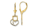FJC Finejewelers 14 kt Yellow Gold Dangle and White Rhodium Bright Cut Cat Heart Leverback Earrings 29 mm
