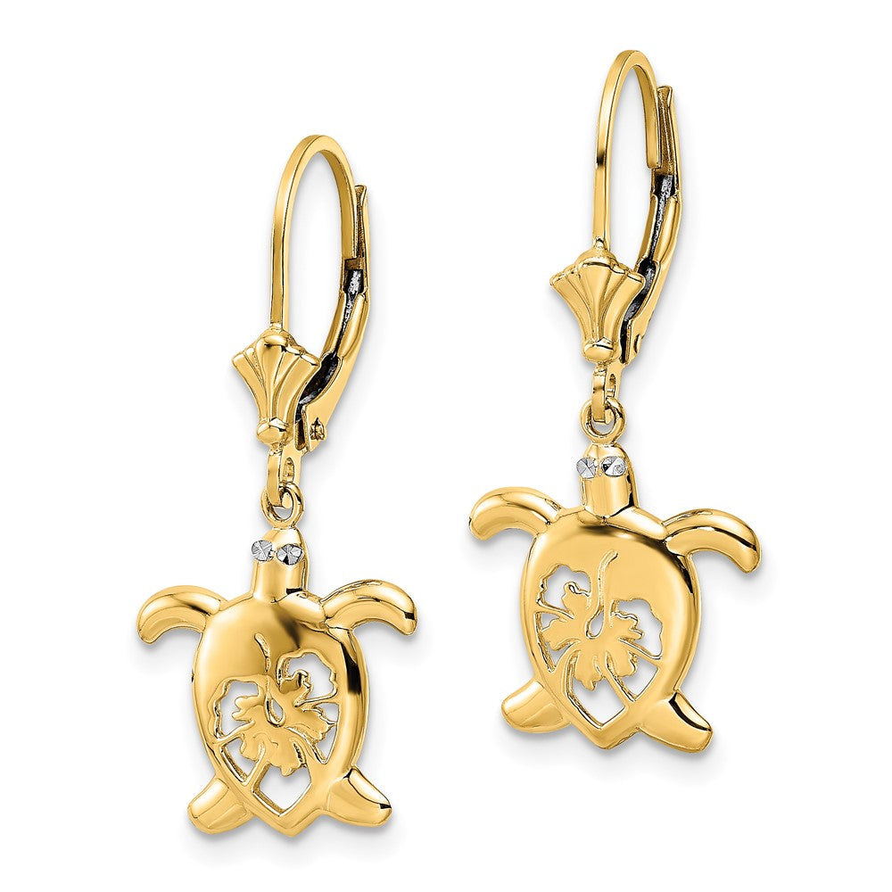 FJC Finejewelers 14 kt Yellow Gold Dangle and White Rhodium Bright Cut Floral Turtle Leverback Earrings 30 mm