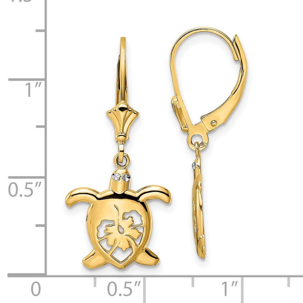 FJC Finejewelers 14 kt Yellow Gold Dangle and White Rhodium Bright Cut Floral Turtle Leverback Earrings 30 mm