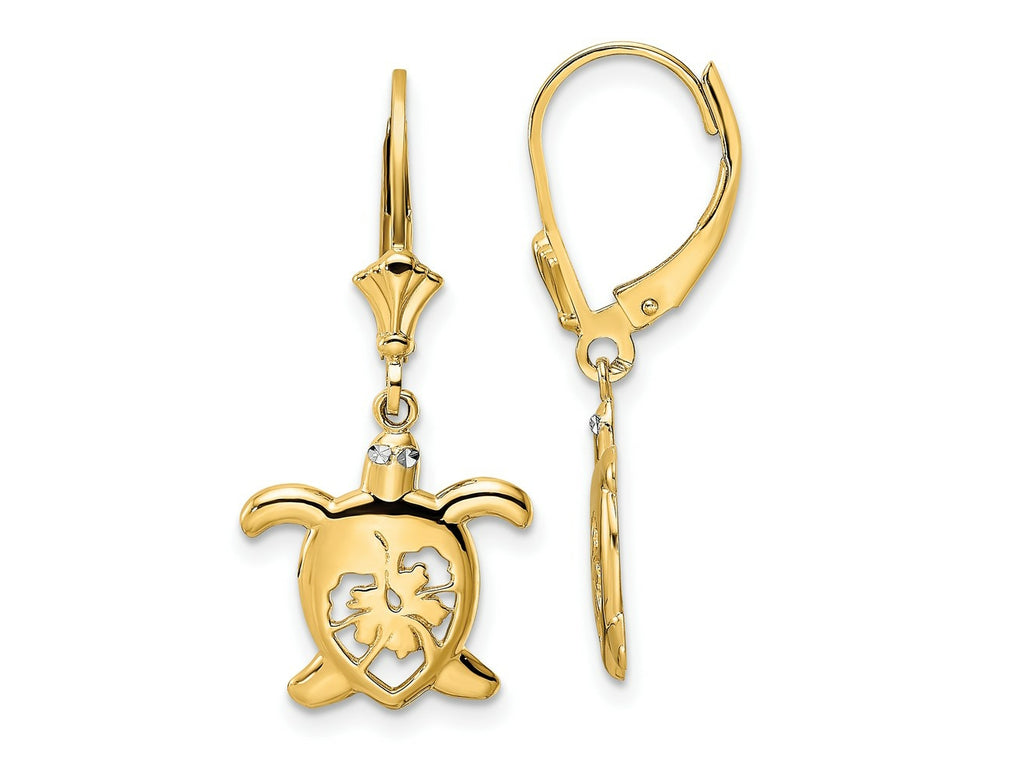 FJC Finejewelers 14 kt Yellow Gold Dangle and White Rhodium Bright Cut Floral Turtle Leverback Earrings 30 mm
