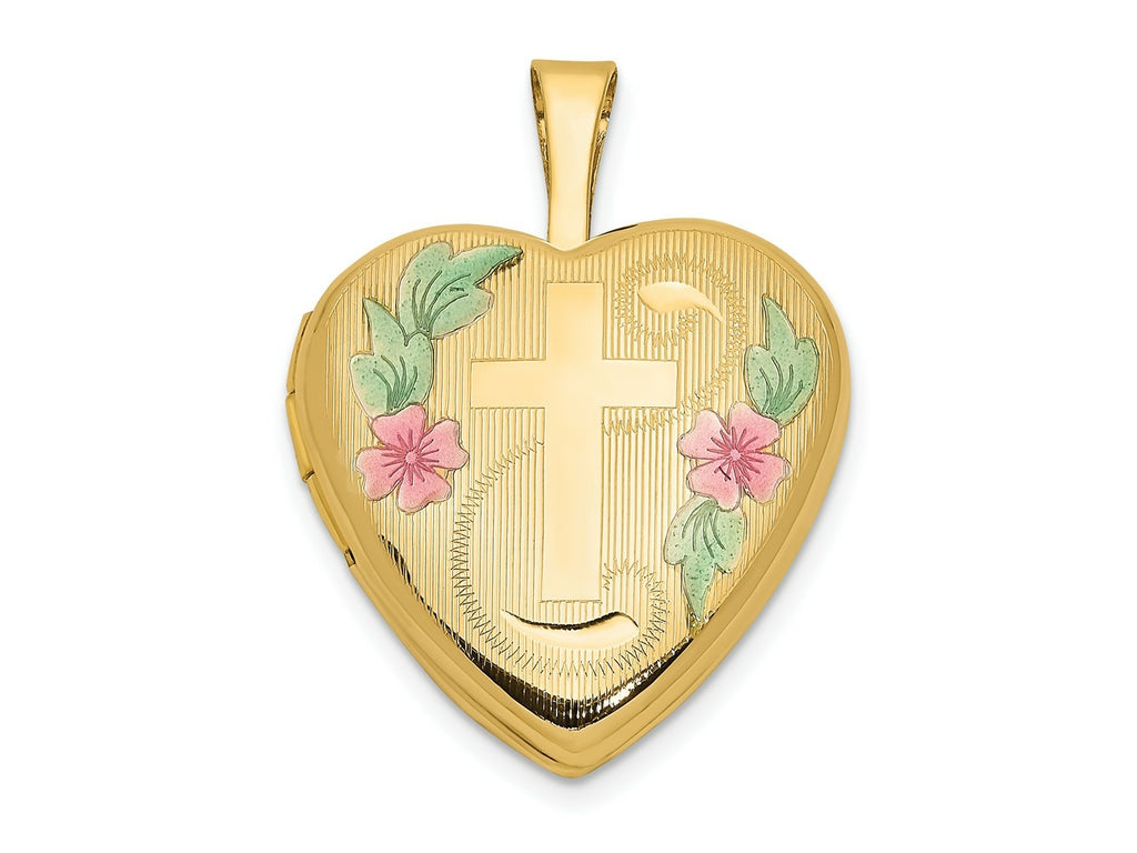 FJC Finejewelers 14 kt Yellow Gold with Enamel Floral Cross Heart Locket 21 x 16 mm