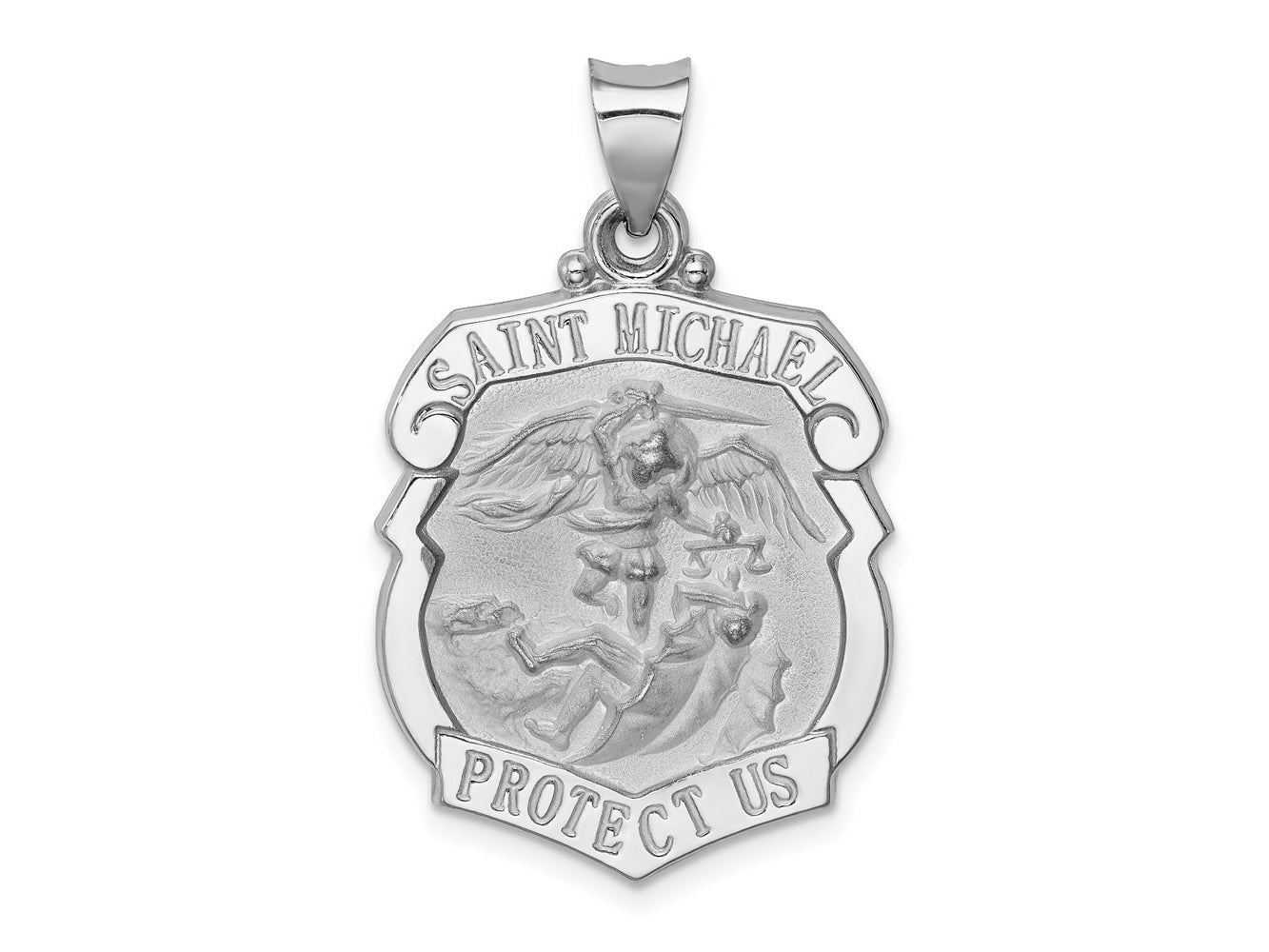 FJC Finejewelers 14 kt White Gold Polish Satin Saint Michael Badge Medal Hollow Charm 30 mm x 22 mm