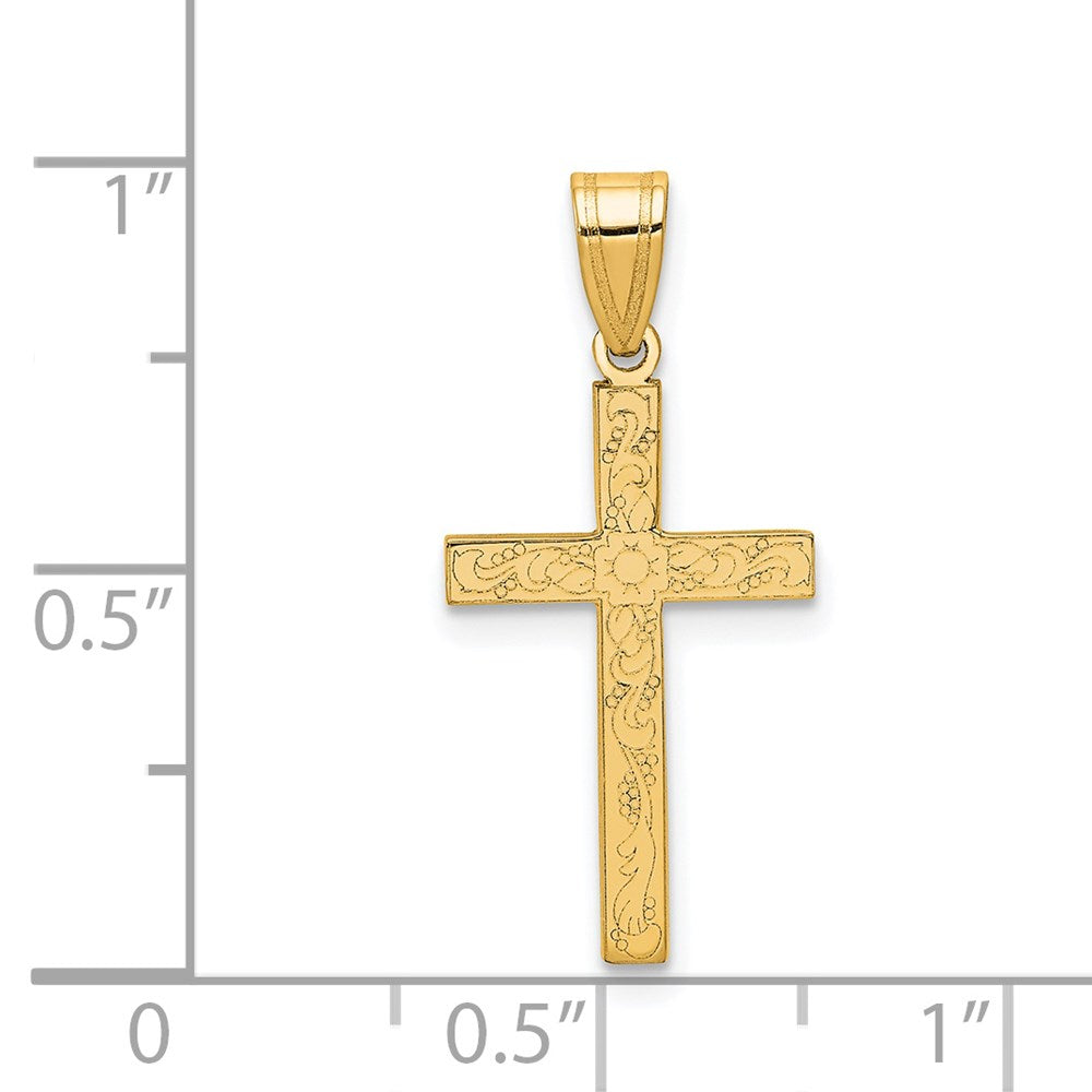 FJC Finejewelers 14 kt Yellow Gold Etched Floral Cross Charm 25 x 12 mm