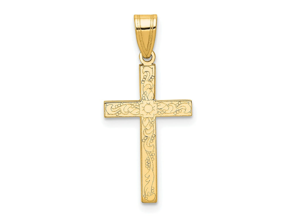 FJC Finejewelers 14 kt Yellow Gold Etched Floral Cross Charm 25 x 12 mm