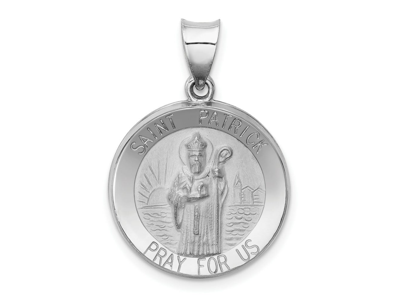 FJC Finejewelers 14 kt White Gold Polished and Satin Saint Patrick Medal Hollow Charm 22 mm x 19 mm