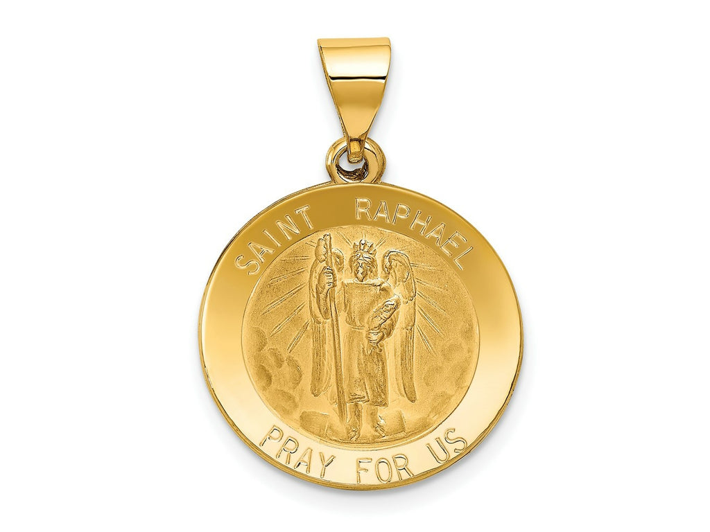 FJC Finejewelers 14 kt Yellow Gold Polished and Satin St Raphael Medal Hollow Charm 22 x 20 mm