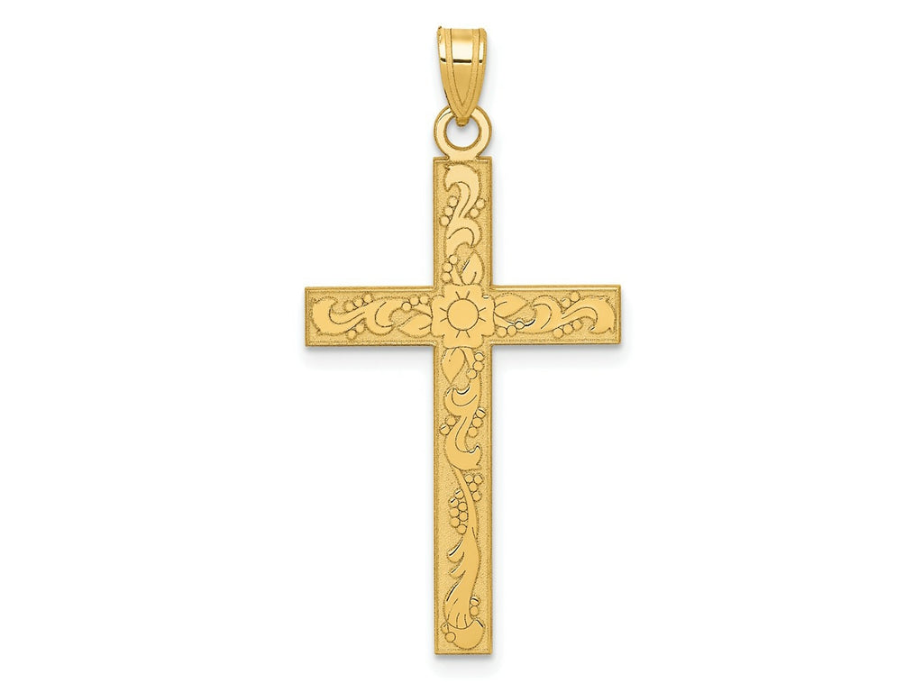 FJC Finejewelers 14 kt Yellow Gold Etched Floral Cross Charm 37 x 19 mm