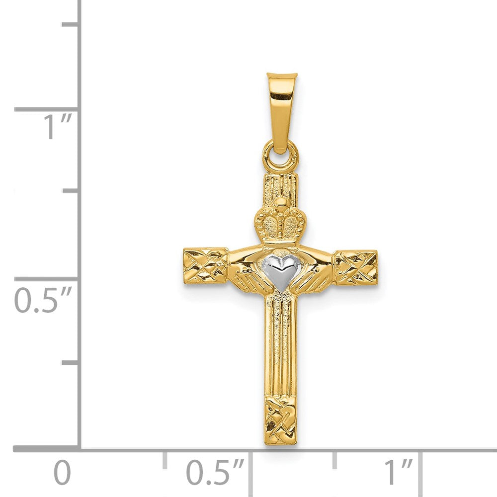 FJC Finejewelers 14 kt Yellow Gold and Rhodium Polished Claddagh Cross Charm 28 x 9 mm