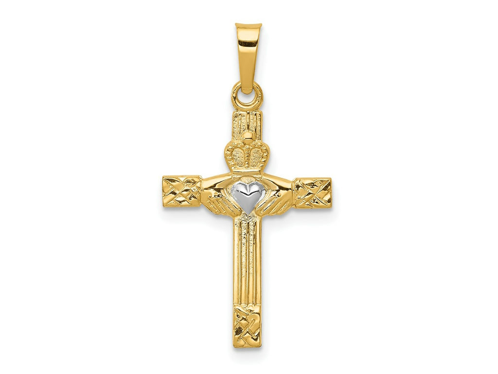 FJC Finejewelers 14 kt Yellow Gold and Rhodium Polished Claddagh Cross Charm 28 x 9 mm