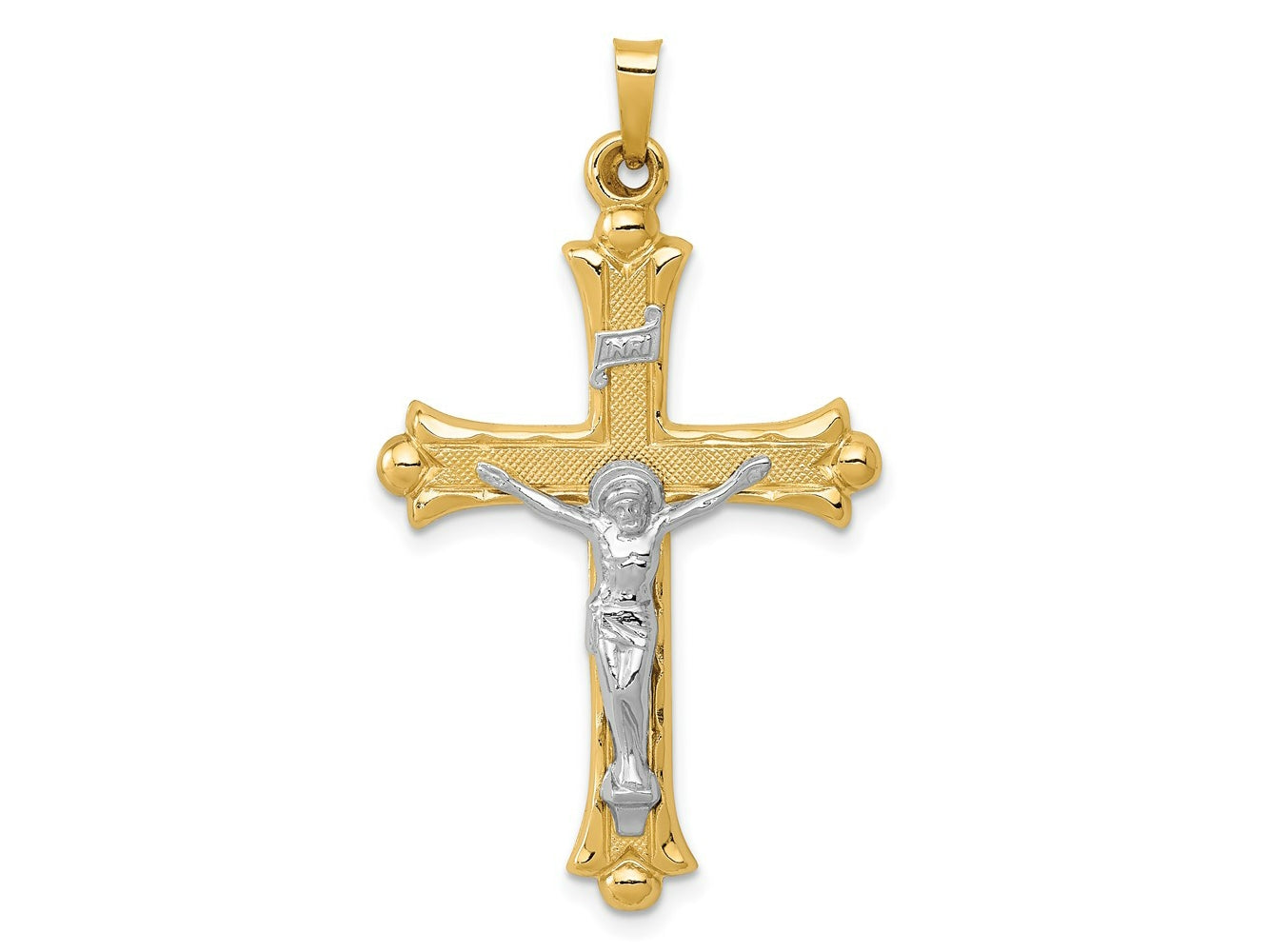 FJC Finejewelers 14 kt Two Tone Gold Two-Tone Textured and Polished INRI Crucifix Charm 40 x 23 mm
