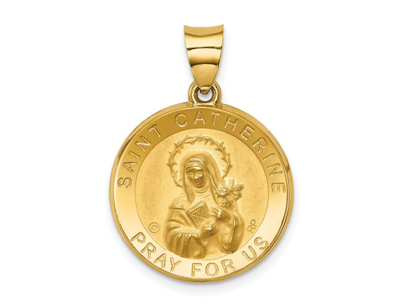 FJC Finejewelers 14 kt Yellow Gold Polished/Satin St. Catherine Hollow Medal Charm 27 x 19 mm