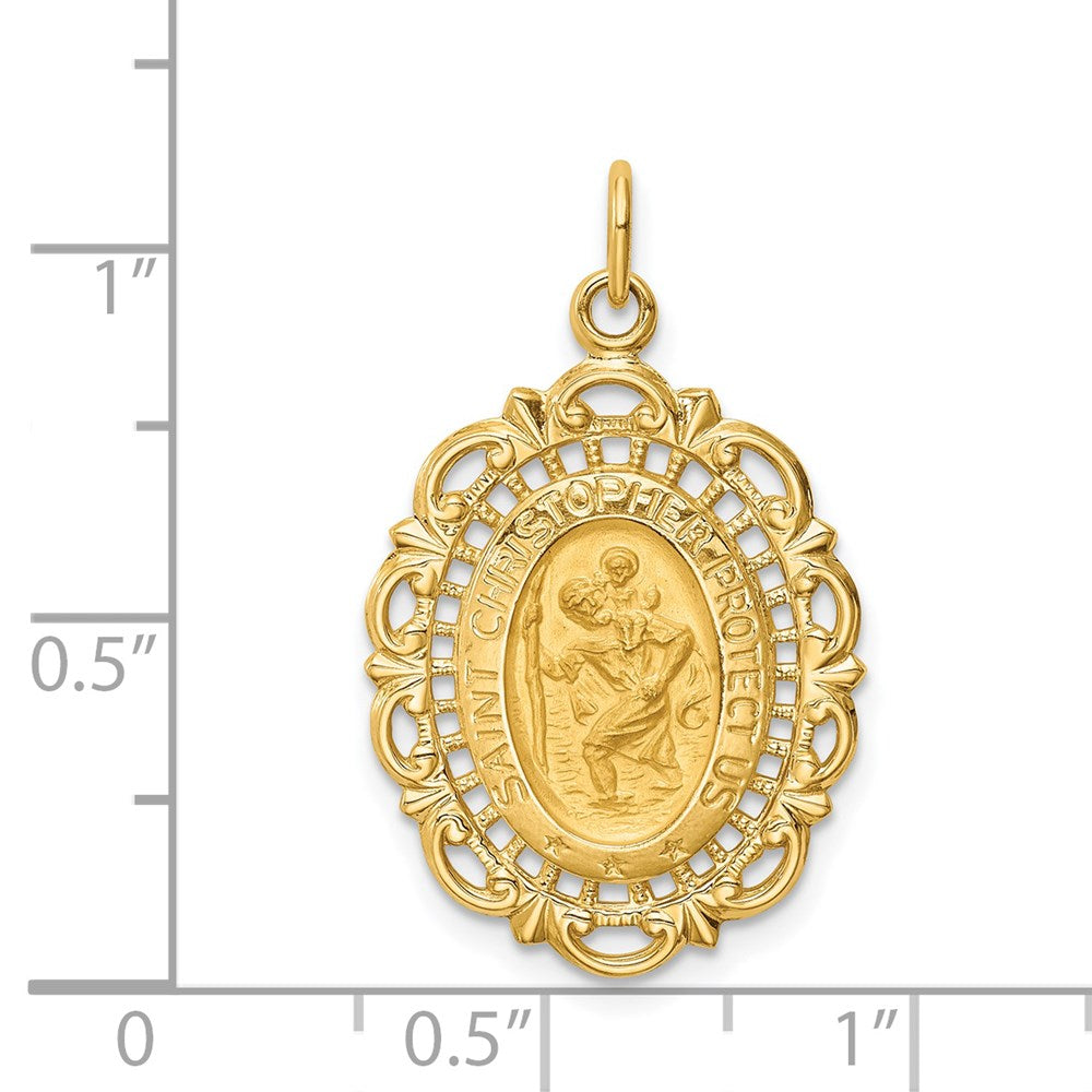 FJC Finejewelers 14 kt Yellow Gold Solid Polished/Satin Medium Fancy Pierced Oval St. Christopher Medal 28 x 17 mm