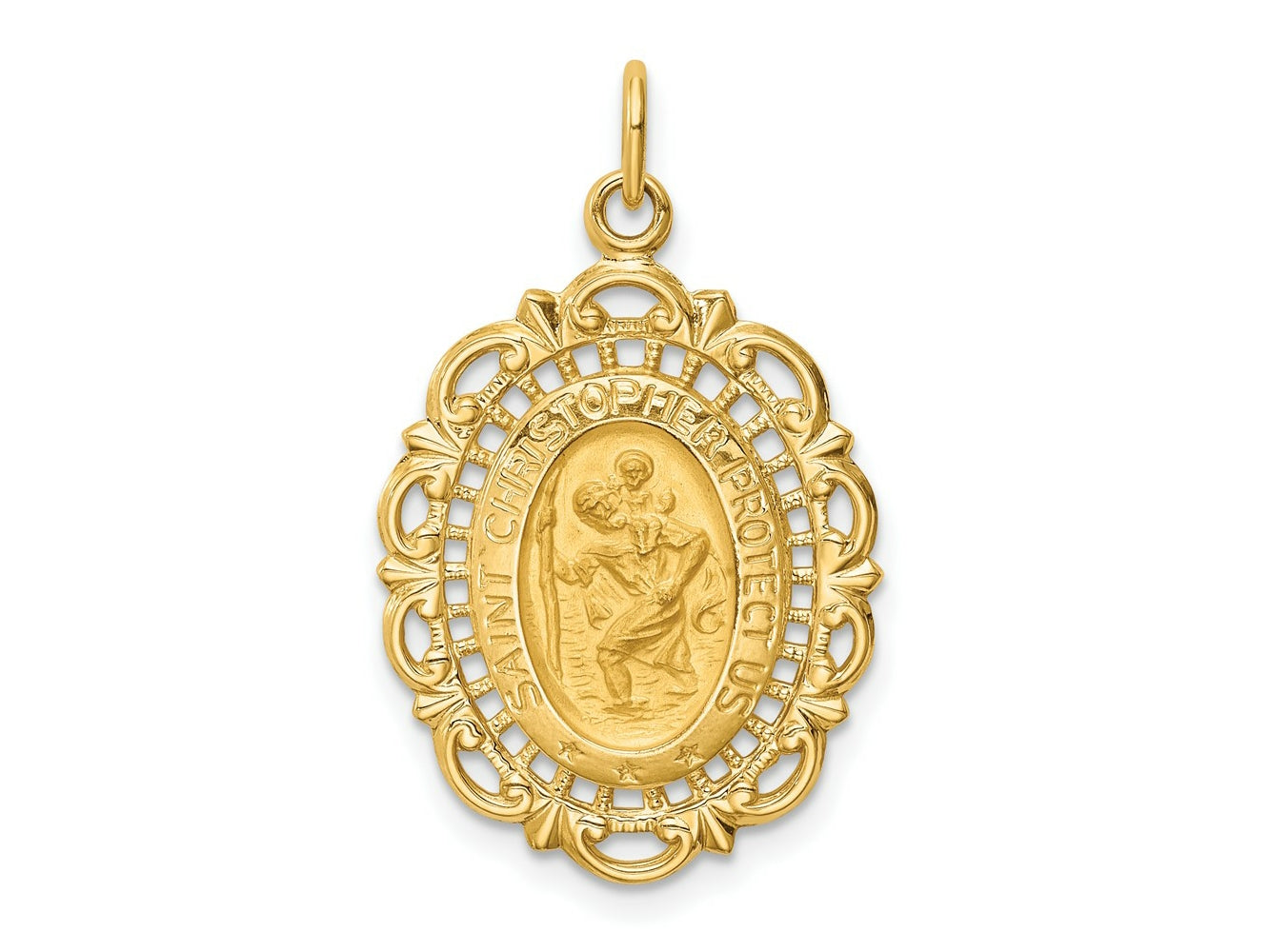 FJC Finejewelers 14 kt Yellow Gold Solid Polished/Satin Medium Fancy Pierced Oval St. Christopher Medal 28 x 17 mm