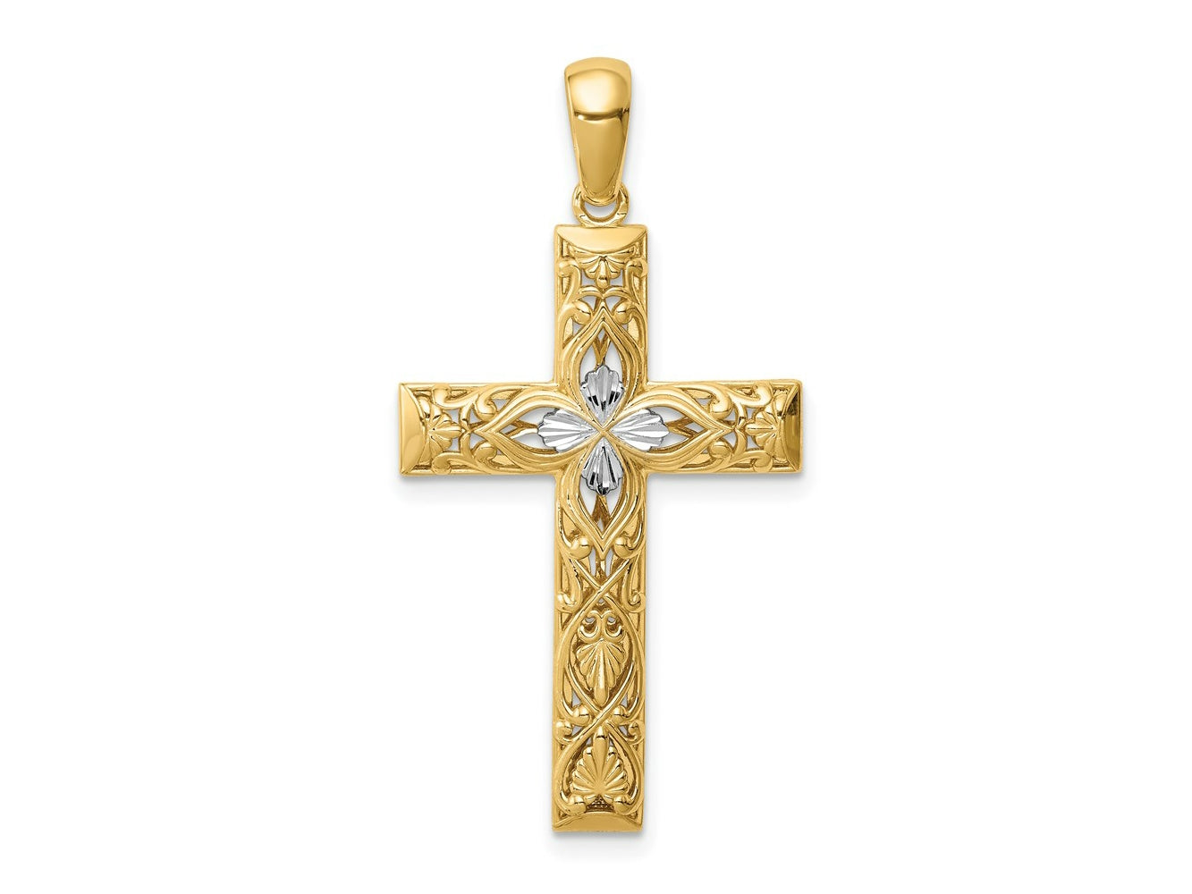 FJC Finejewelers 14 kt Yellow Gold White Rhodium Bright Cut Cross Charm 38 x 20 mm