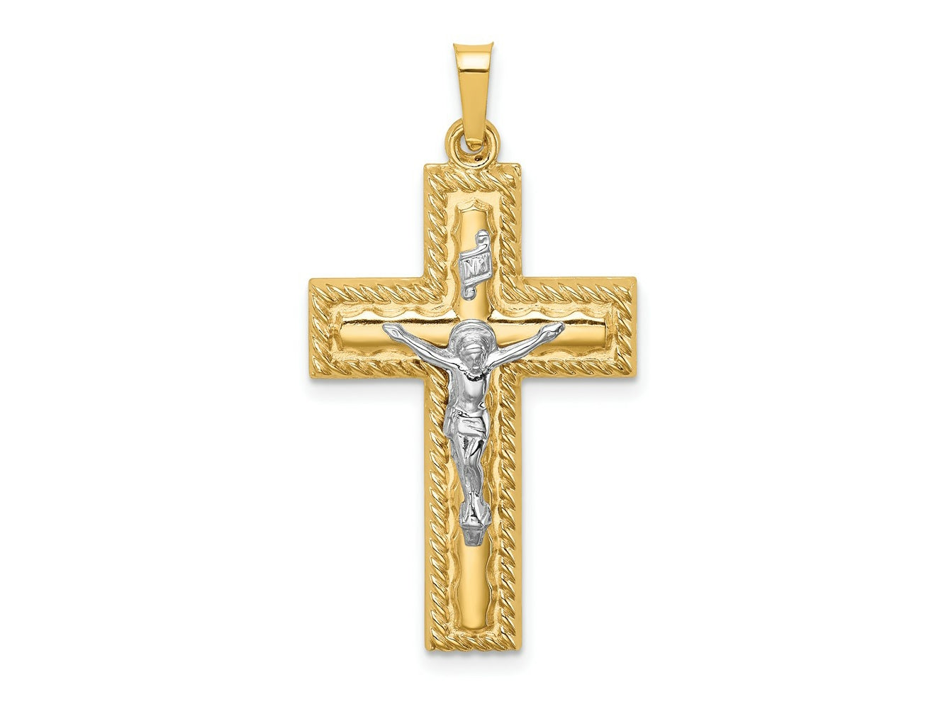 FJC Finejewelers 14 kt Two Tone Gold Hollow Polished Rope Edge Latin Crucifix 34 x 19 mm