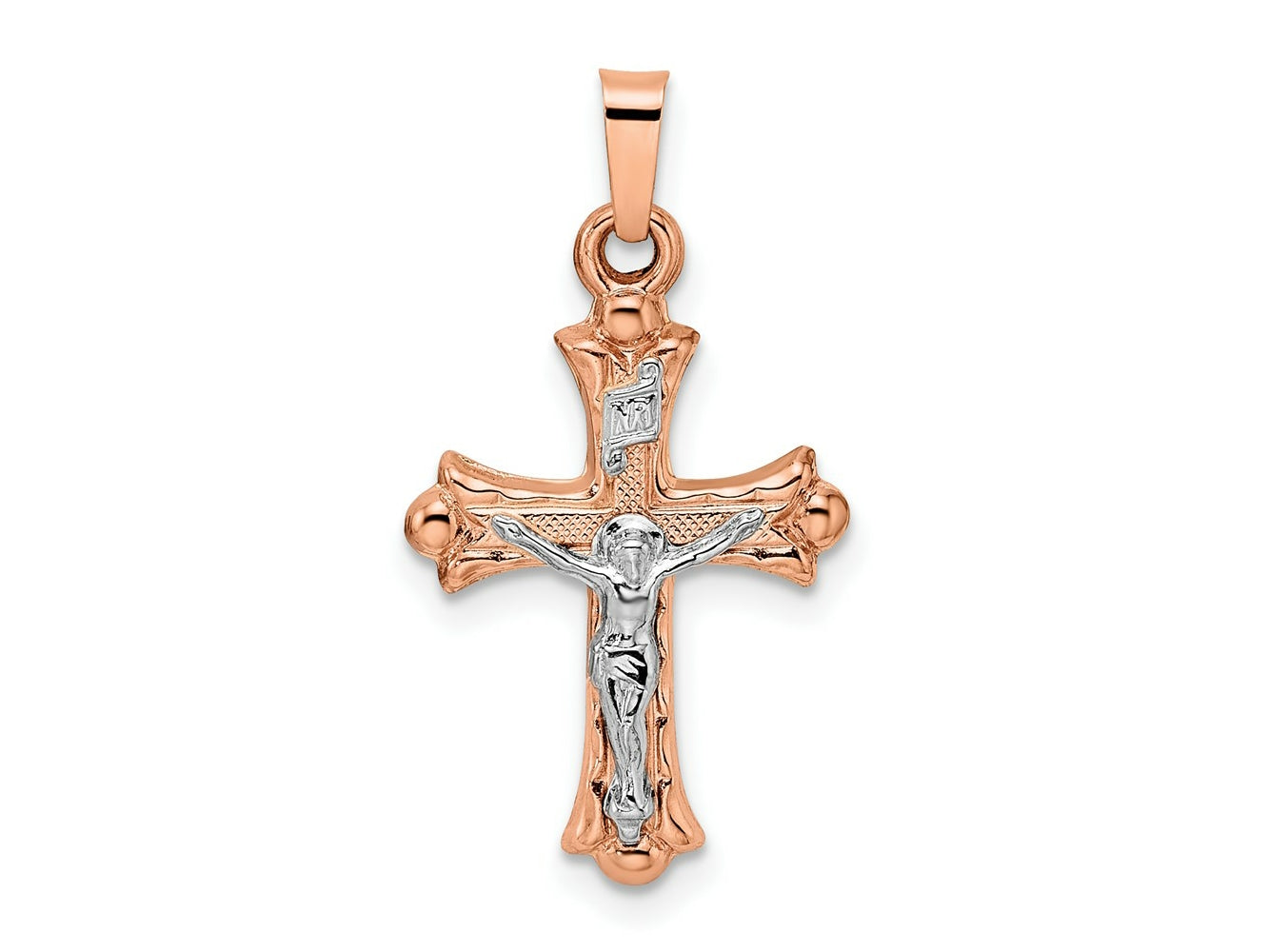 FJC Finejewelers 14 kt Two Tone Gold Themed Rose and Polished Fleur de Lis INRI Hollow Crucifix Charm
