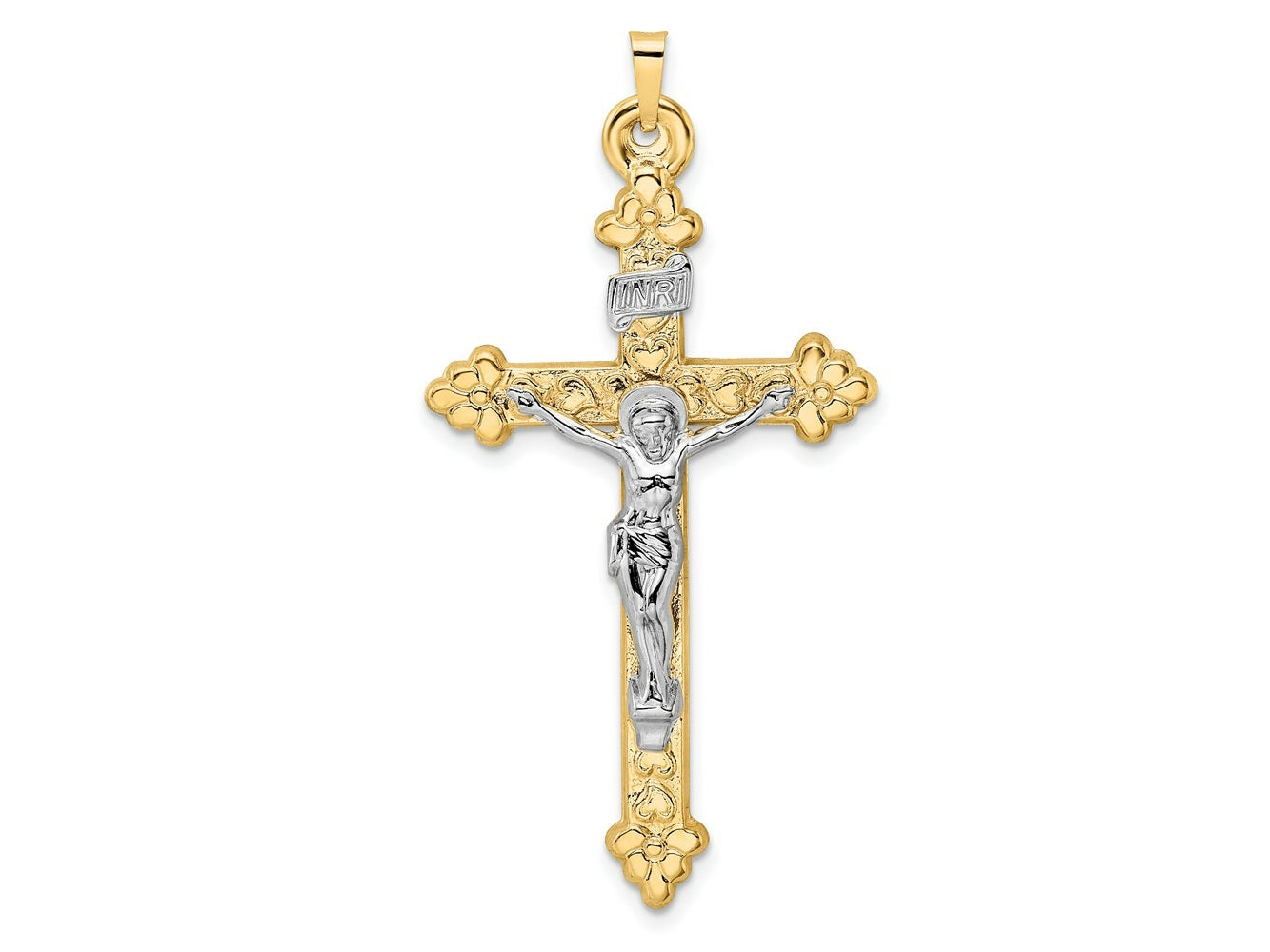 FJC Finejewelers 14 kt Two Tone Gold Polished Hollow INRI Budded Crucifix Charm 26 mm