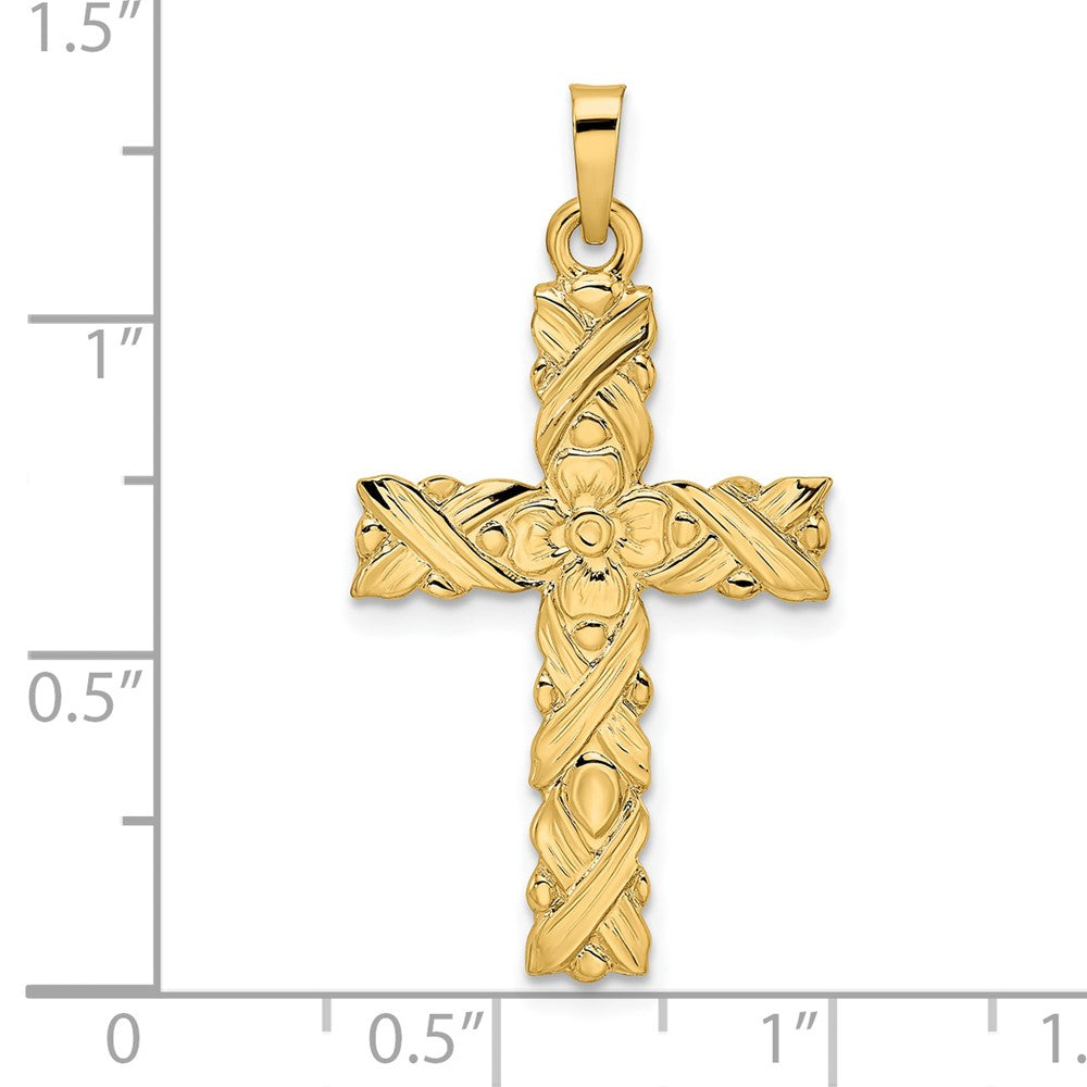 FJC Finejewelers 14 kt Yellow Gold Polished and Textured Solid Floral Cross Charm 33 x 17 mm
