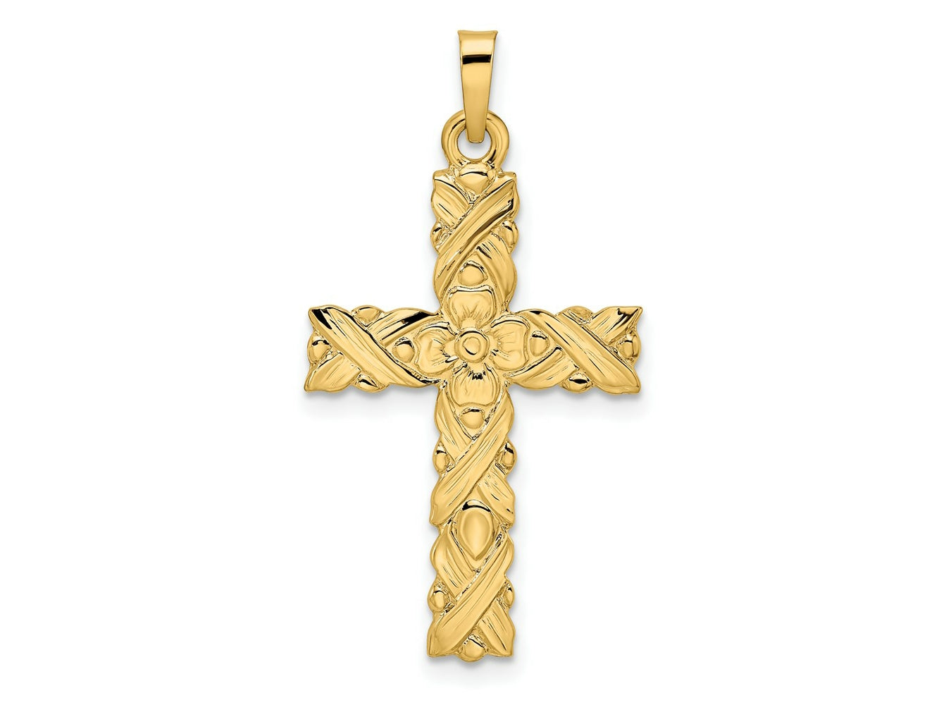 FJC Finejewelers 14 kt Yellow Gold Polished and Textured Solid Floral Cross Charm 33 x 17 mm