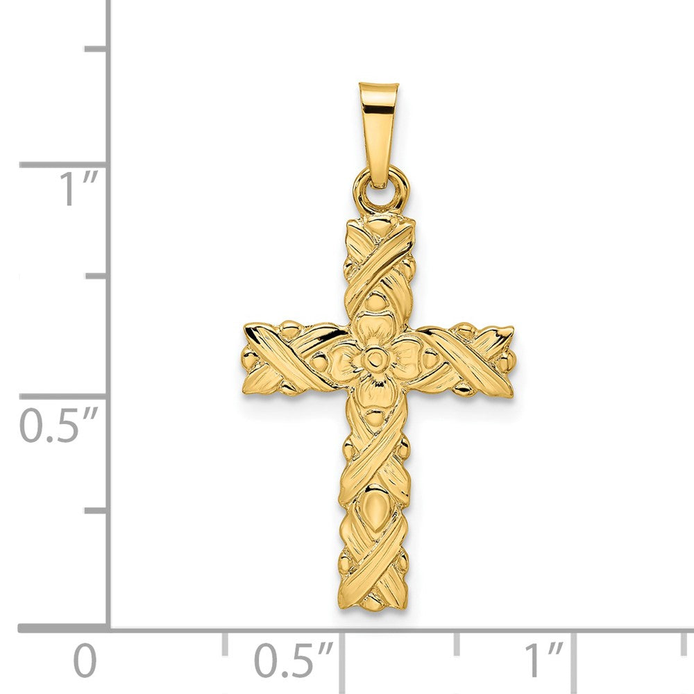 FJC Finejewelers 14 kt Yellow Gold Polished and Textured Solid Floral Cross Charm 28 x 15 mm