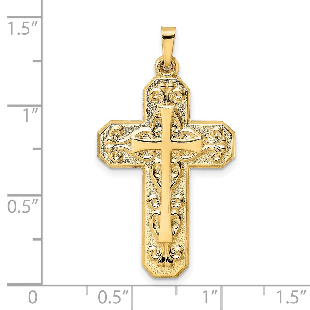 FJC Finejewelers 14 kt Yellow Gold and Textured Hollow Scroll Design Double Cross Charm 35 x 20 mm