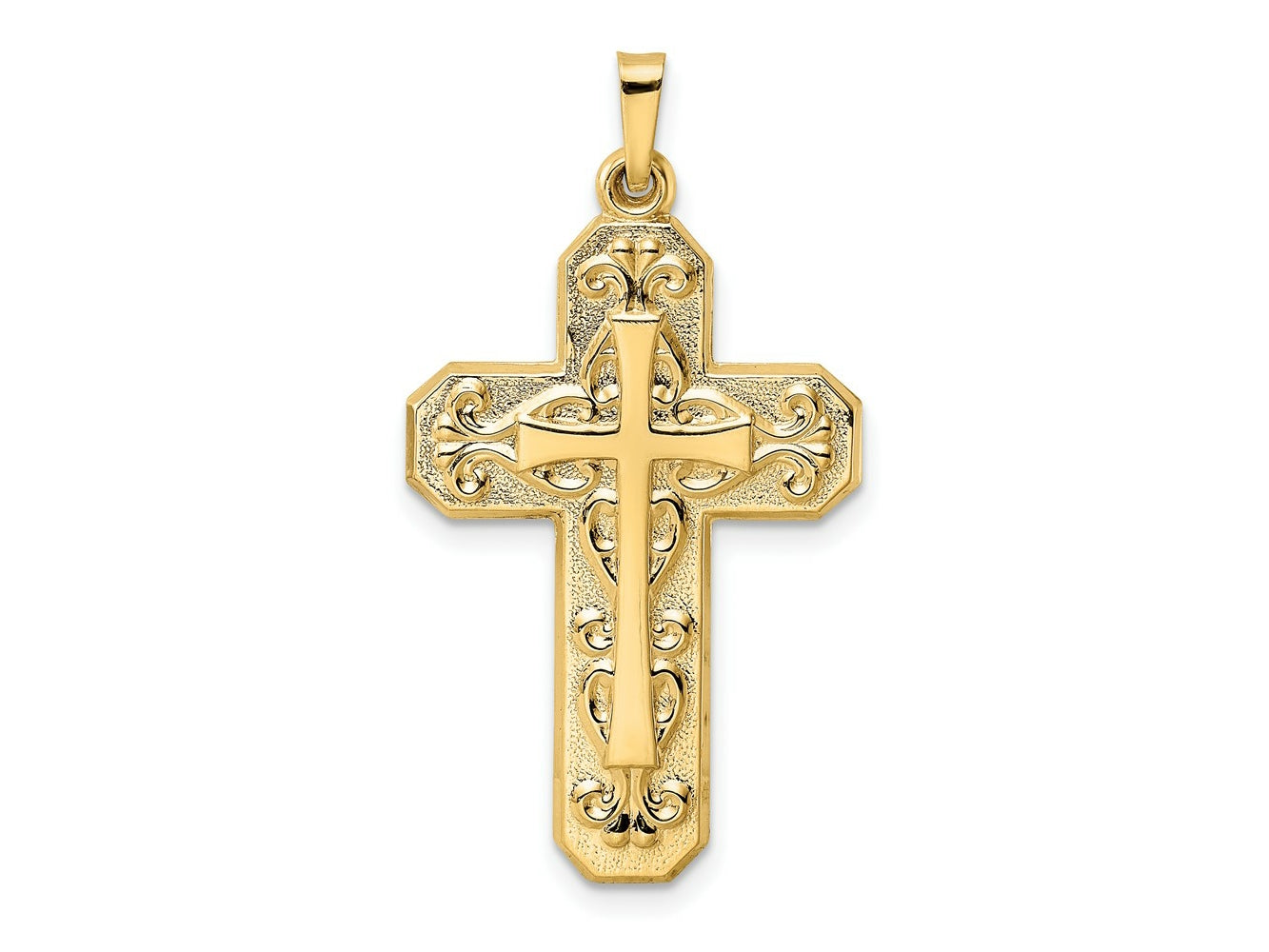 FJC Finejewelers 14 kt Yellow Gold and Textured Hollow Scroll Design Double Cross Charm 35 x 20 mm