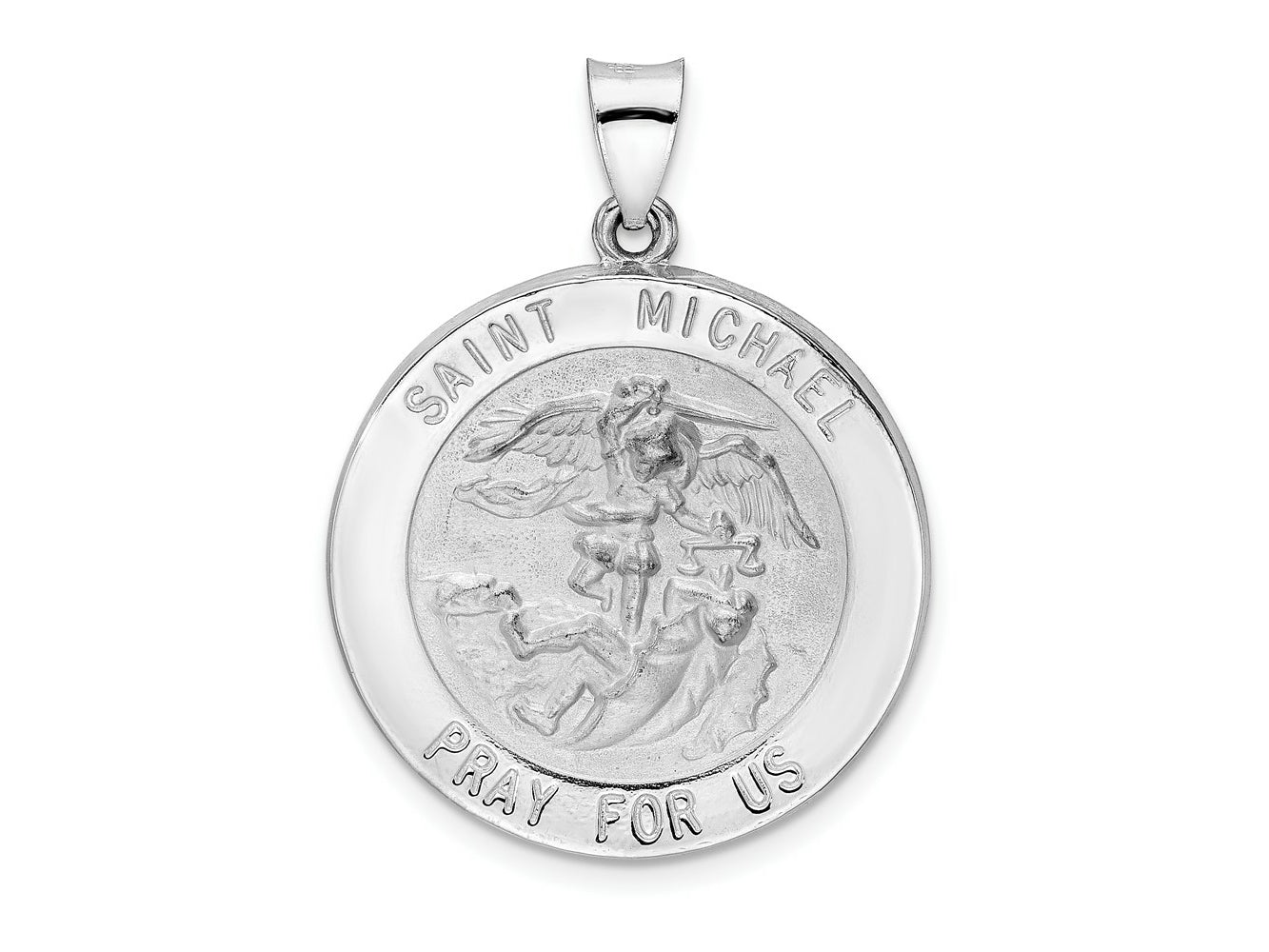 FJC Finejewelers 14 kt White Gold Polished and Satin Hollow St Michael Medal Charm 33 mm x 25 mm